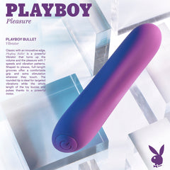 Playboy Bullet vibrator shown at angle with purple-to-blue gradient finish, product description visible