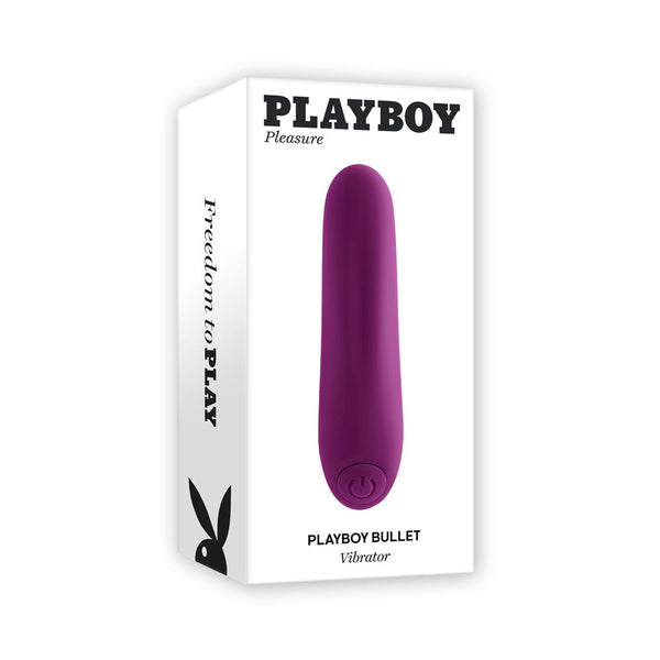 Playboy Bullet vibrator beside its white retail box printed with Playboy Pleasure branding and bunny logo