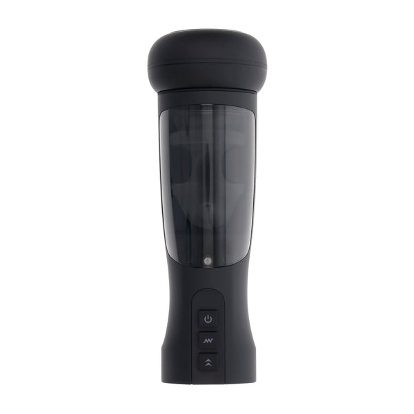 Playboy End Game black male stroker, front view showing control buttons and clear window