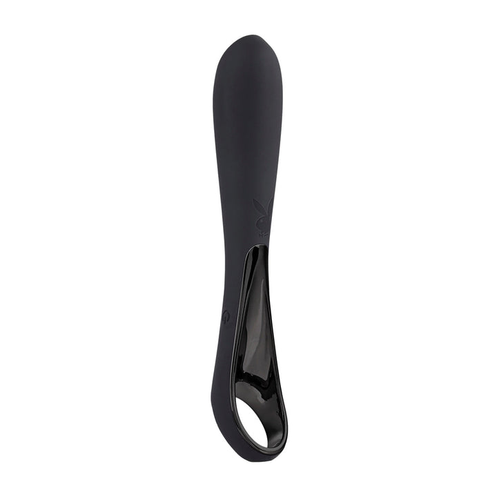 Playboy Ollo black silicone vibrator with open handle ring, front view