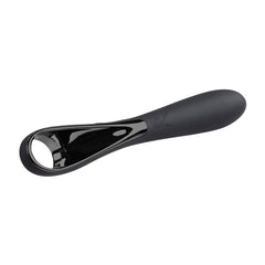 Playboy Ollo vibrator angled view highlighting open loop handle and matte silicone tip