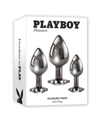 Playboy Pleasure 3 Ways Butt Plugs retail box showing all three graduated metal plugs