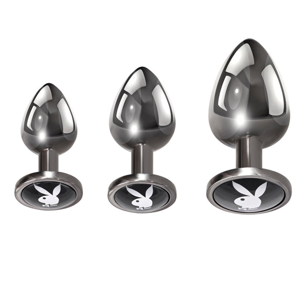 Playboy Pleasure 3 Ways gunmetal butt plug set in small, medium, and large sizes