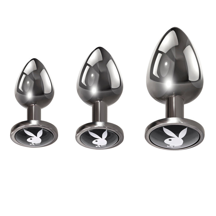 Playboy Pleasure 3 Ways gunmetal butt plug set in small, medium, and large sizes