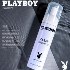 Playboy Pleasure Clean Foaming Toy Cleaner shown flat lay with usage directions