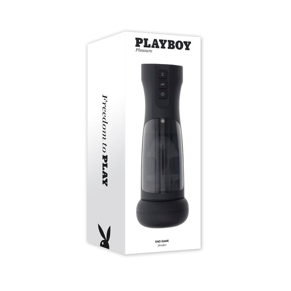 Playboy Pleasure End Game stroker displayed beside its retail packaging box, Freedom to Play
