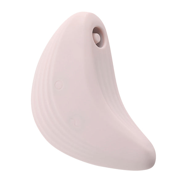 Playboy Pleasure Palm Vibrator in blush pink silicone, crescent shape, front view