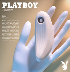 Playboy Pleasure Palm Vibrator packaging showing product description and hand lifestyle render