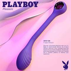 Playboy Pleasure Spot On poseable G-Spot Vibrator shown on pink backdrop with product description