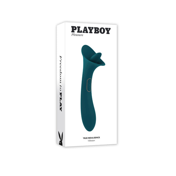 Playboy Pleasure True Indulgence vibrator shown in its white retail box packaging