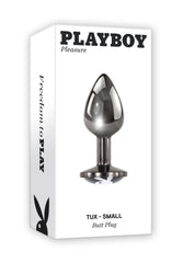 Playboy Pleasure Tux Small butt plug shown inside white retail packaging box