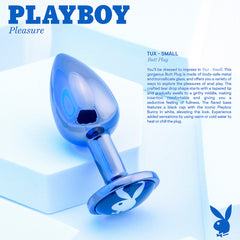 Playboy Pleasure Tux Small butt plug product info card showing blue metal version