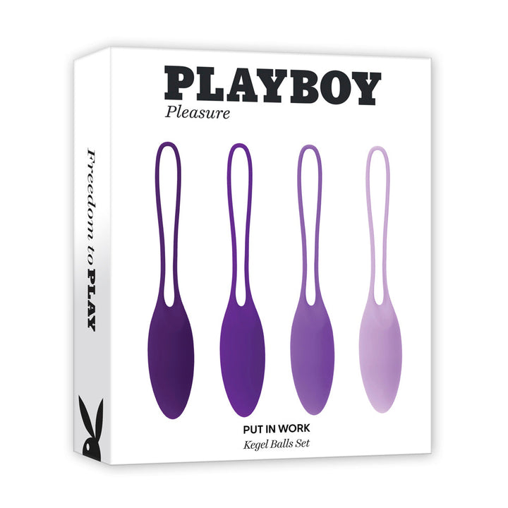 Playboy Put in Work Kegel Balls Set box showing four purple silicone weights in graduated shades
