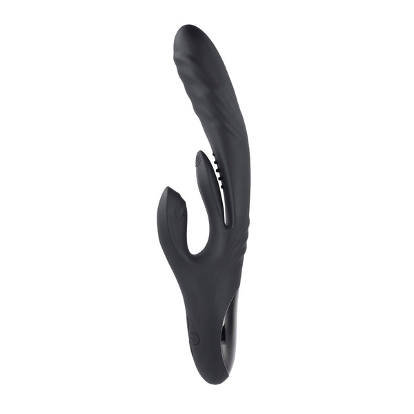 Playboy Rapid Rabbit vibrator in black silicone, upright front view showing dual-stimulation design