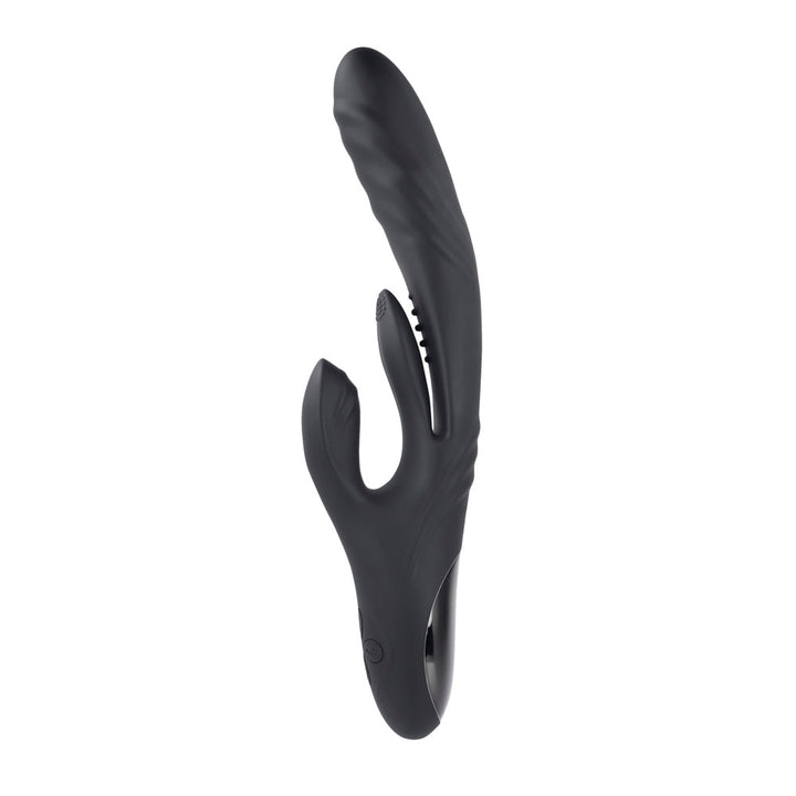 Playboy Rapid Rabbit vibrator in black silicone, upright front view showing dual-stimulation design