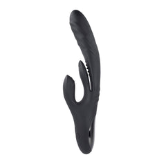 Playboy Rapid Rabbit vibrator in black silicone, upright front view showing dual-stimulation design