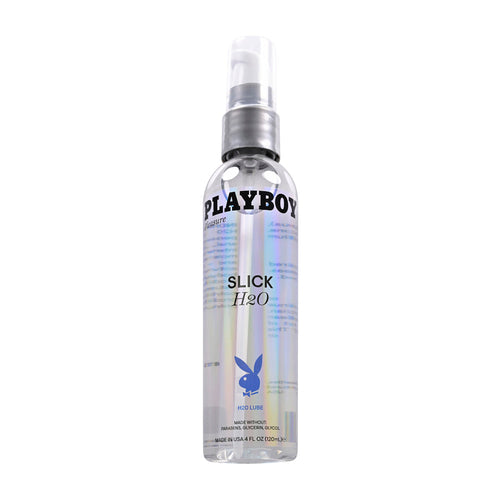 Playboy Slick H2O 4oz water-based lubricant in holographic pump bottle, front view