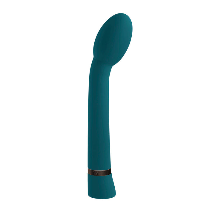 Playboy On The Spot teal G-spot vibrator with curved silicone head, front view