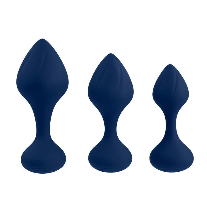 Playboy Tail Trainer three-piece anal plug set in navy blue silicone, upright front view
