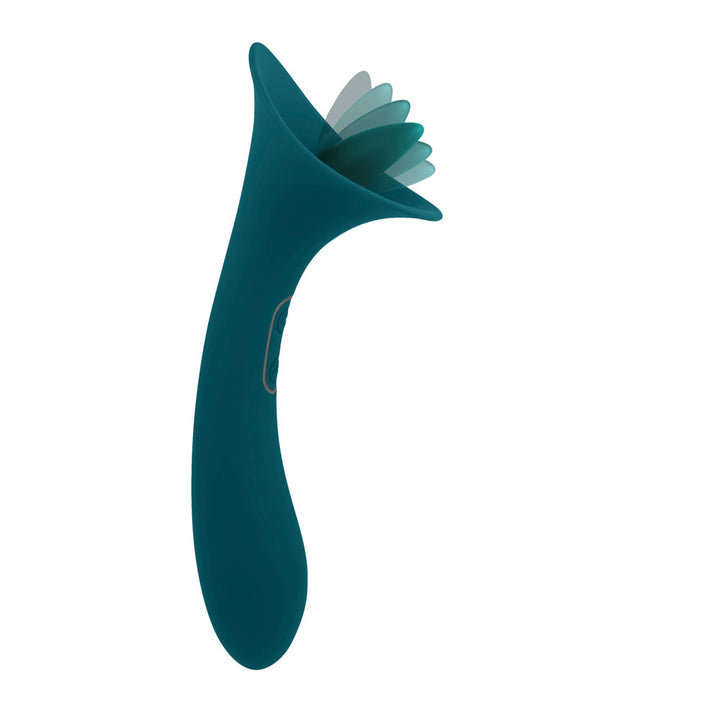 Playboy True Indulgence vibrator in teal silicone, front hero view showing tongue stimulator tip