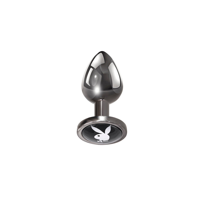Playboy Tux Small butt plug in gunmetal finish with black Bunny logo base