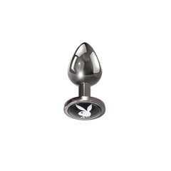 Playboy Tux Small butt plug in gunmetal finish with black Bunny logo base