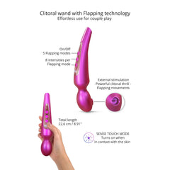 Pleaser clitoral wand diagram showing 5 flapping modes, 8 intensities, and 22.6 cm total length
