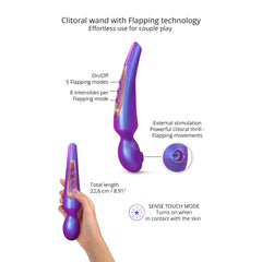 Pleaser clitoral wand diagram showing 5 flapping modes, 8 intensities, and 22.6 cm total length