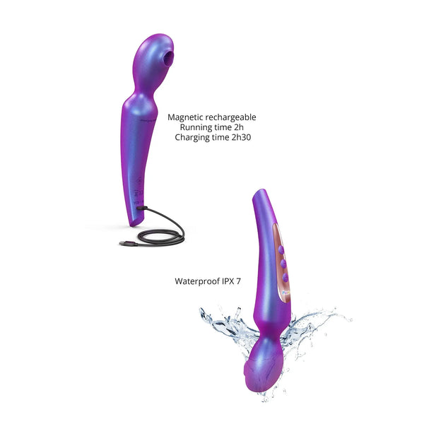 Pleaser Iridescent Night vibrator shown with magnetic USB charging cable and waterproof IPX7 water splash