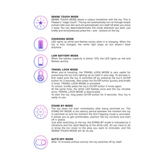 Pleaser vibrator instruction sheet detailing Sense Touch, Travel Lock, and Auto-Off operating modes