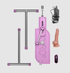PleasureDrive complete kit laid flat showing machine, stand, dildo, power adapter, and remote