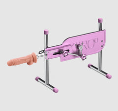 PleasureDrive pink sex machine on adjustable steel stand with realistic dildo mounted at front