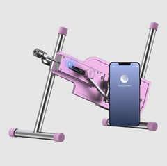 PleasureDrive pink thrusting machine folded compact beside FeelConnect smartphone app screen