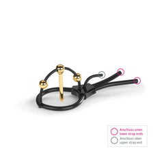 Plunging Pete strap ends labeled: pink for lower connection, grey for upper strap end