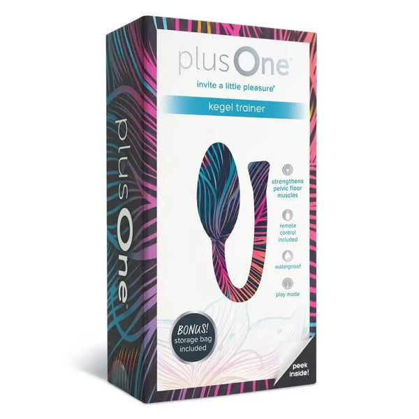 plusOne Kegel Trainer box front view with colorful tropical pattern and feature callouts