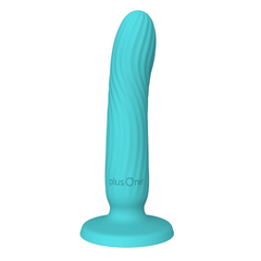 plusOne Dil-Lite teal silicone dildo with spiral ridges and suction cup base, standing upright