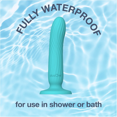 plusOne Dil-Lite waterproof dildo standing on reflective water surface, safe for shower or bath use
