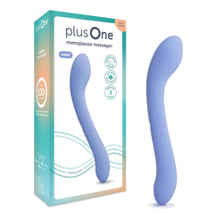 plusOne menopause massager beside teal product box showing 10 vibration modes feature callouts
