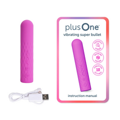 plusOne super bullet with packaging, instruction manual, and USB charging cable laid flat on white surface