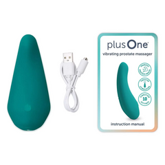 plusOne vibrating prostate massager with USB charging cable and instruction manual