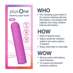 plusOne vibrating super bullet beside retail packaging with WHO, HOW, and WOW usage information