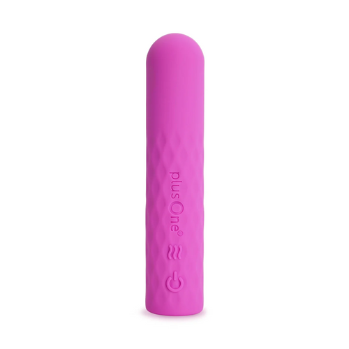plusOne vibrating super bullet in pink silicone, upright front view showing textured body and control buttons