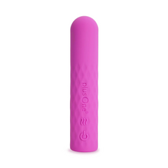 plusOne vibrating super bullet in pink silicone, upright front view showing textured body and control buttons