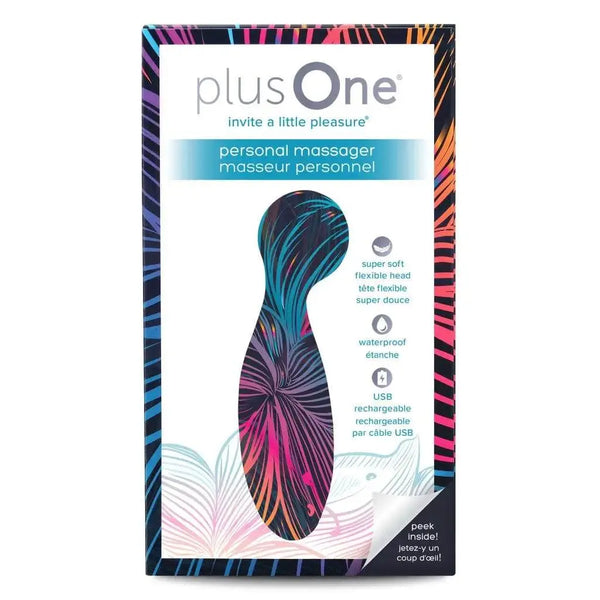 plusOne Personal Massager box front, colorful tropical print, lists waterproof and USB rechargeable features