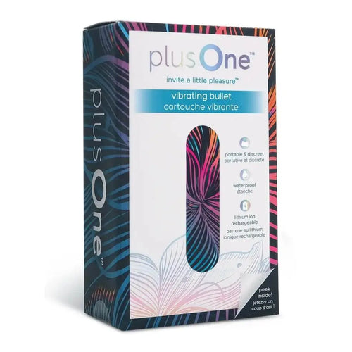 plusOne Vibrating Bullet box front showing tropical print design and key features listed