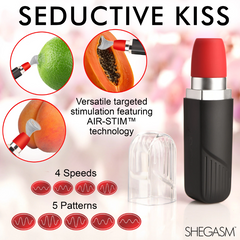 Pocket Pucker Air-Stim stimulator with 4 speeds and 5 patterns feature graphic, cap beside device