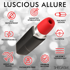 Pocket Pucker feature infographic: IPX7 waterproof, rechargeable, Air-Stim technology, premium silicone