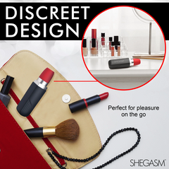Pocket Pucker lipstick stimulator tucked inside makeup bag alongside cosmetics, discreet design