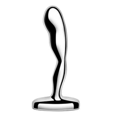 Polished chrome prostate massager displayed upright showing curved shaft and flat base
