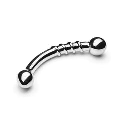 Polished stainless steel Bow dildo angled view highlighting dual rounded ends and ribbed shaft